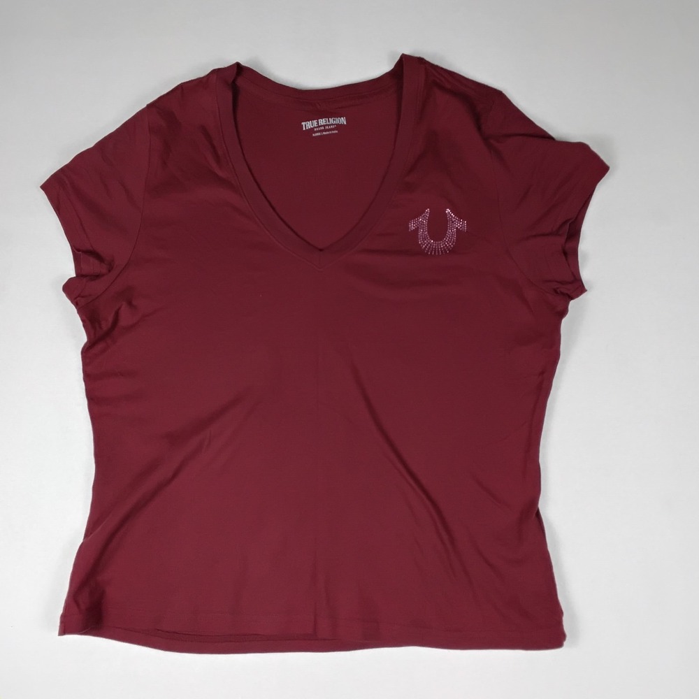True Religion Womens V Neck T-Shirt Red Rhinestone Horseshoe Logo XL